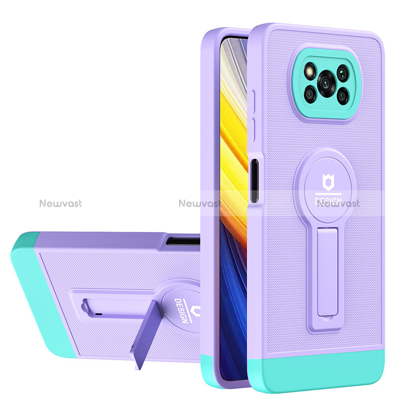 Silicone Matte Finish and Plastic Back Cover Case with Stand H01P for Xiaomi Poco X3 Pro Purple