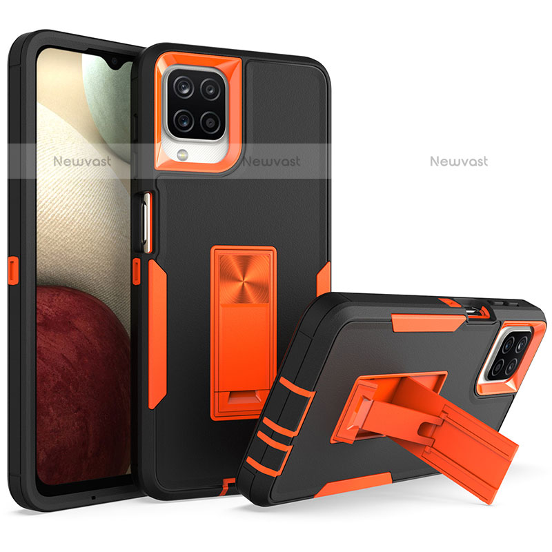 Silicone Matte Finish and Plastic Back Cover Case with Stand J01S for Samsung Galaxy F12 Orange