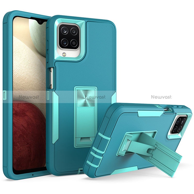 Silicone Matte Finish and Plastic Back Cover Case with Stand J01S for Samsung Galaxy M12 Cyan