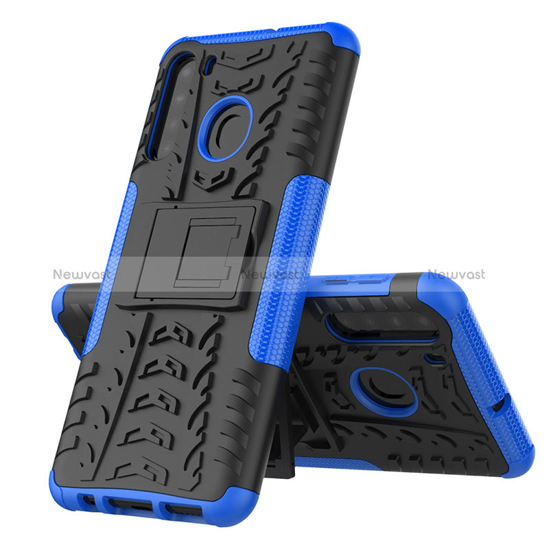 Silicone Matte Finish and Plastic Back Cover Case with Stand J01X for Samsung Galaxy A21 Blue