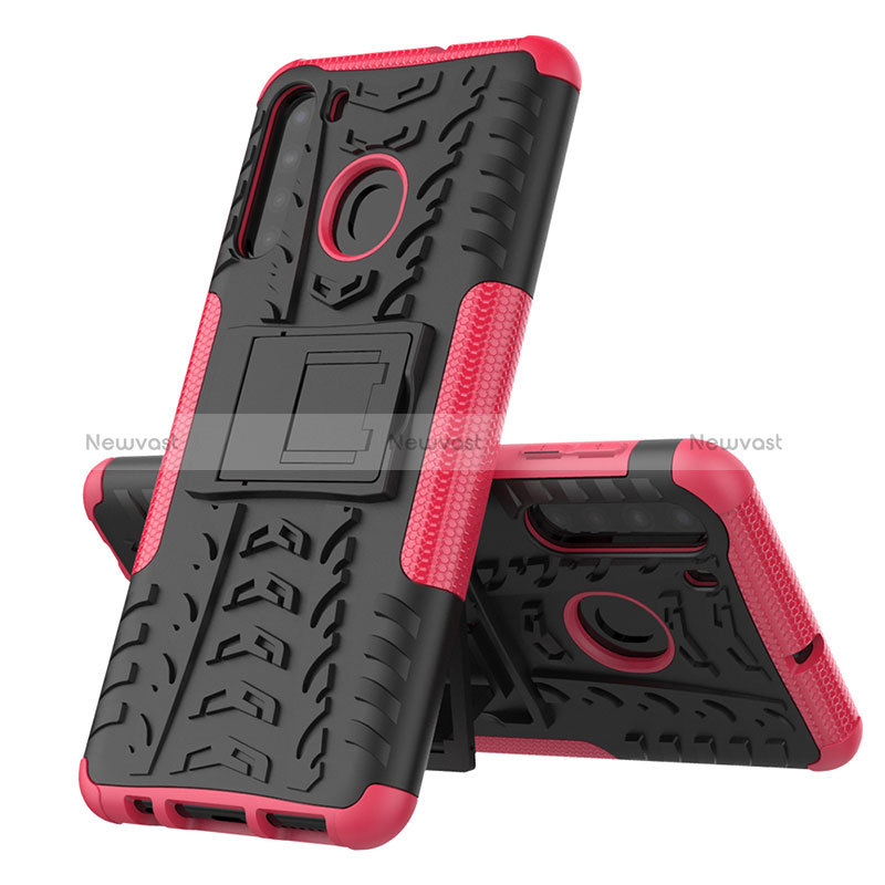 Silicone Matte Finish and Plastic Back Cover Case with Stand J01X for Samsung Galaxy A21 Hot Pink