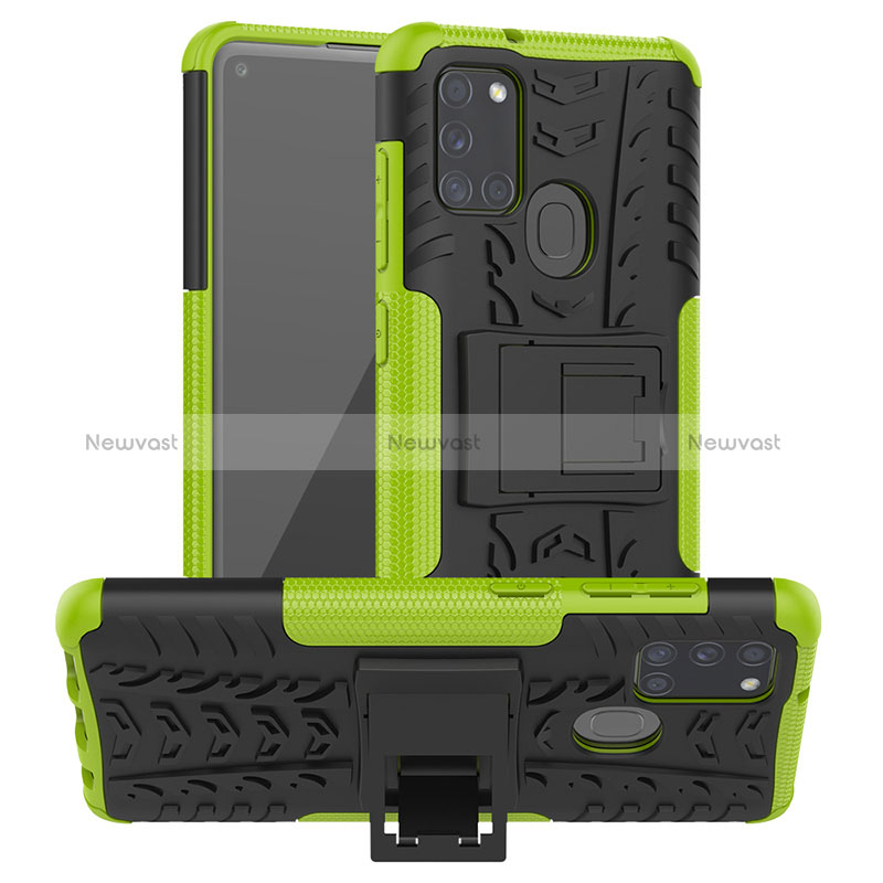 Silicone Matte Finish and Plastic Back Cover Case with Stand J01X for Samsung Galaxy A21s Green