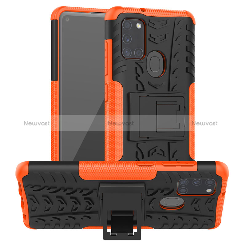Silicone Matte Finish and Plastic Back Cover Case with Stand J01X for Samsung Galaxy A21s Orange