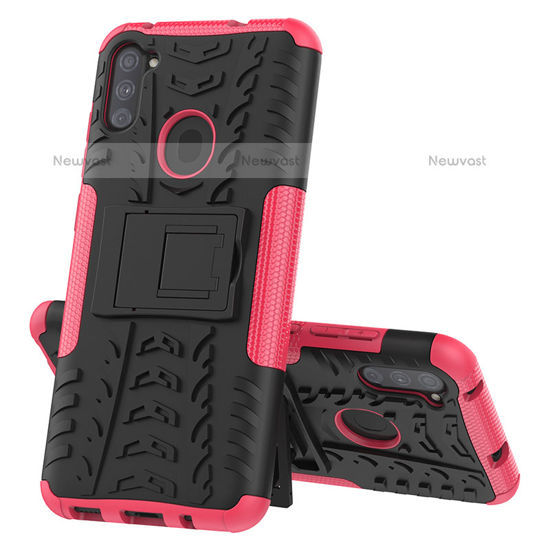 Silicone Matte Finish and Plastic Back Cover Case with Stand J01X for Samsung Galaxy M11 Hot Pink