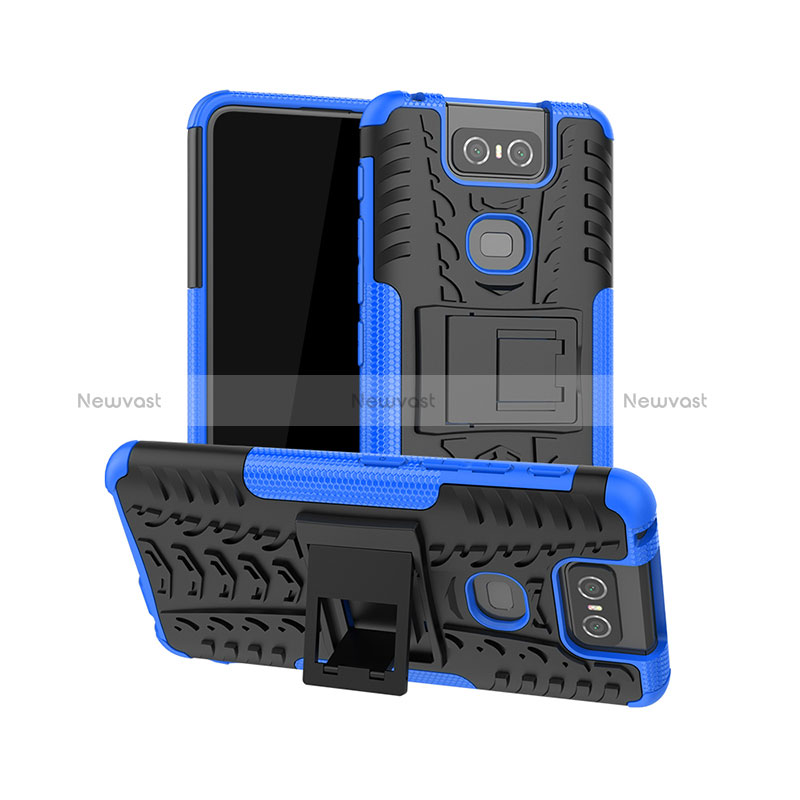 Silicone Matte Finish and Plastic Back Cover Case with Stand JX1 for Asus Zenfone 6 ZS630KL Blue