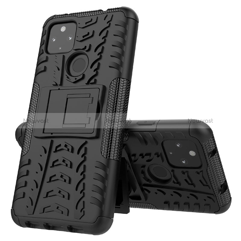 Silicone Matte Finish and Plastic Back Cover Case with Stand JX1 for Google Pixel 4a 5G Black