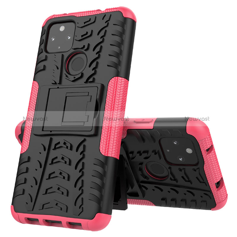 Silicone Matte Finish and Plastic Back Cover Case with Stand JX1 for Google Pixel 4a 5G Hot Pink