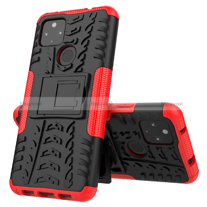 Silicone Matte Finish and Plastic Back Cover Case with Stand JX1 for Google Pixel 4a 5G Red