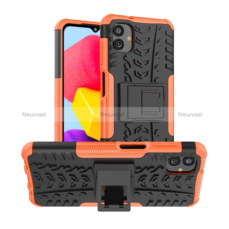 Silicone Matte Finish and Plastic Back Cover Case with Stand JX1 for Samsung Galaxy M13 5G Orange