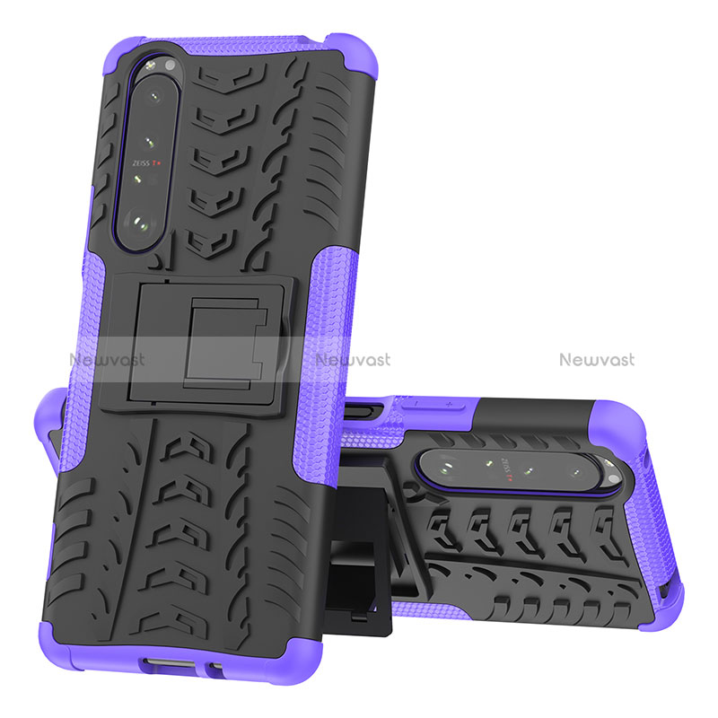 Silicone Matte Finish and Plastic Back Cover Case with Stand JX1 for Sony Xperia 1 III Purple