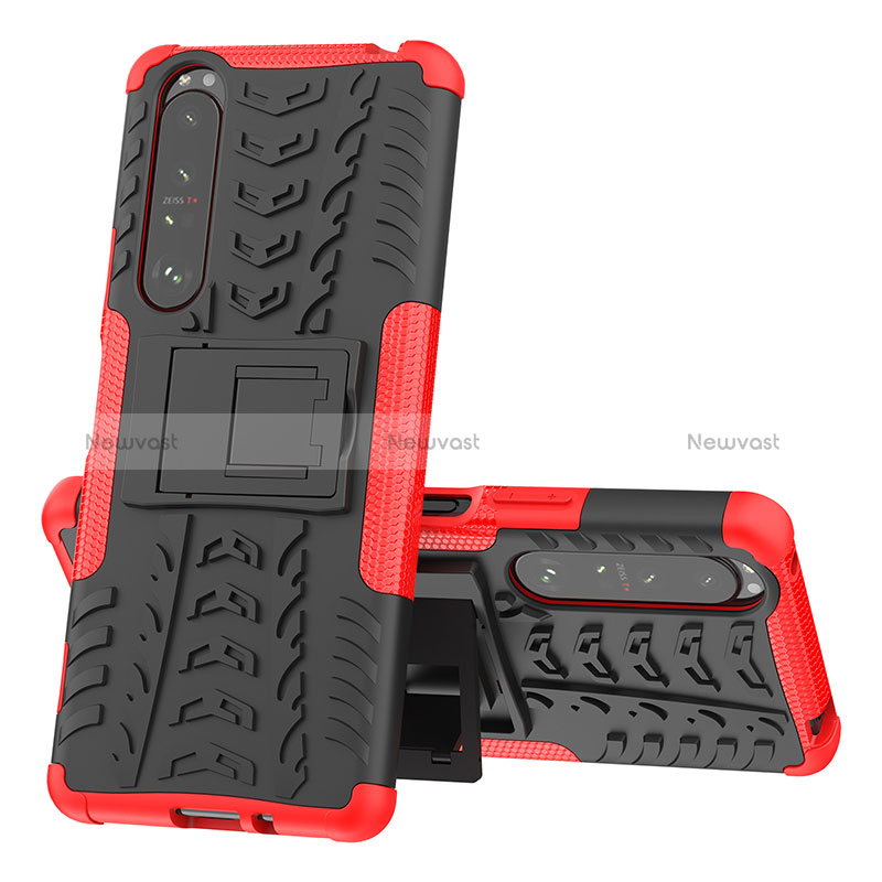 Silicone Matte Finish and Plastic Back Cover Case with Stand JX1 for Sony Xperia 1 III Red