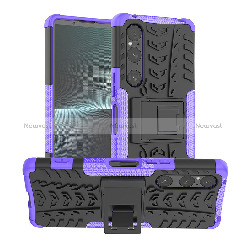 Silicone Matte Finish and Plastic Back Cover Case with Stand JX1 for Sony Xperia 1 V Purple