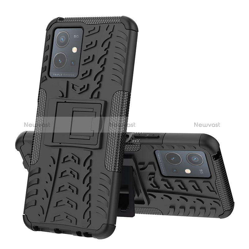 Silicone Matte Finish and Plastic Back Cover Case with Stand JX1 for Vivo T1 5G India Black