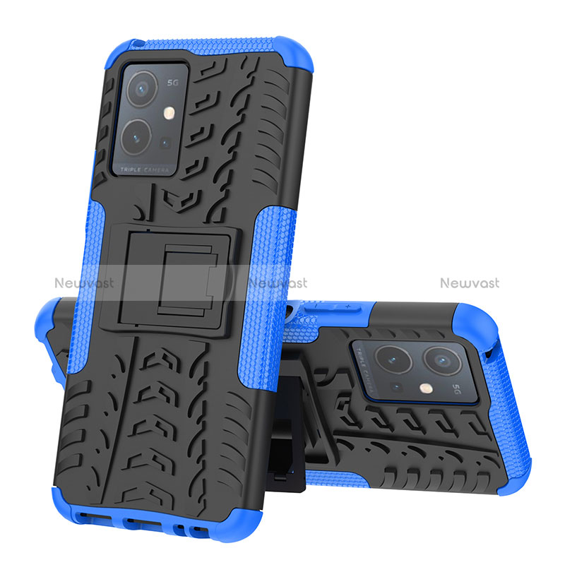 Silicone Matte Finish and Plastic Back Cover Case with Stand JX1 for Vivo T1 5G India Blue