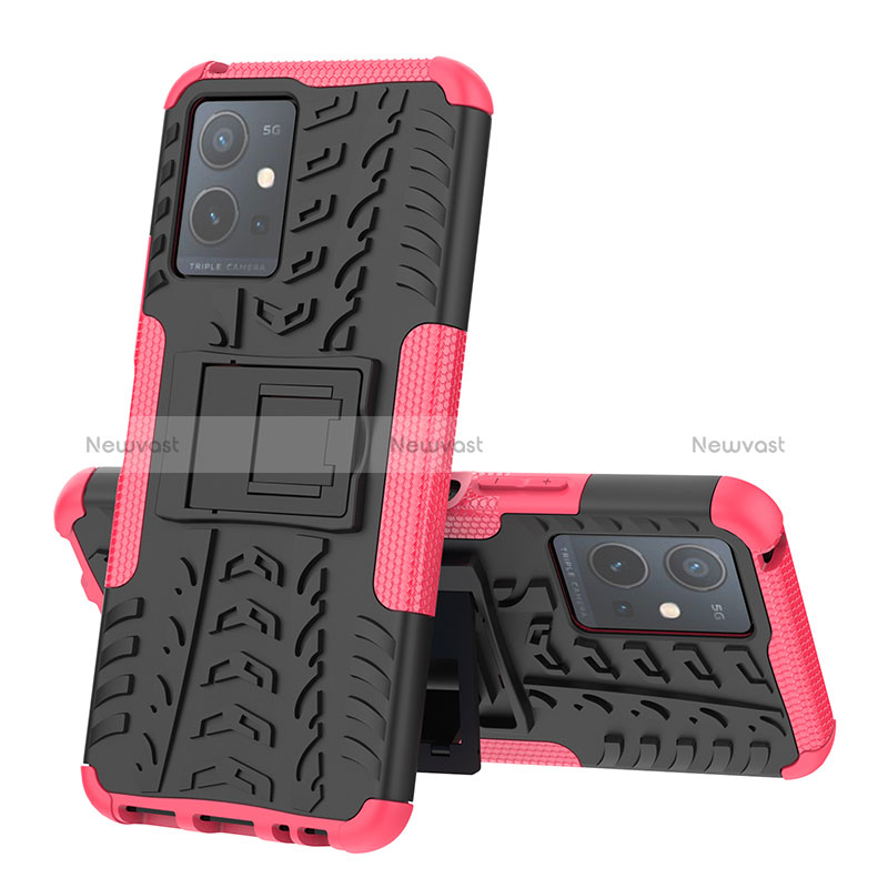 Silicone Matte Finish and Plastic Back Cover Case with Stand JX1 for Vivo T1 5G India Hot Pink