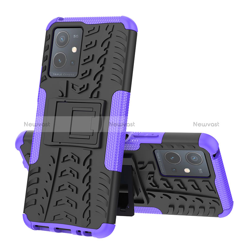 Silicone Matte Finish and Plastic Back Cover Case with Stand JX1 for Vivo T1 5G India Purple