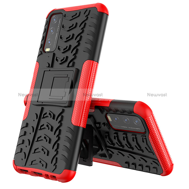 Silicone Matte Finish and Plastic Back Cover Case with Stand JX1 for Vivo Y30 Red