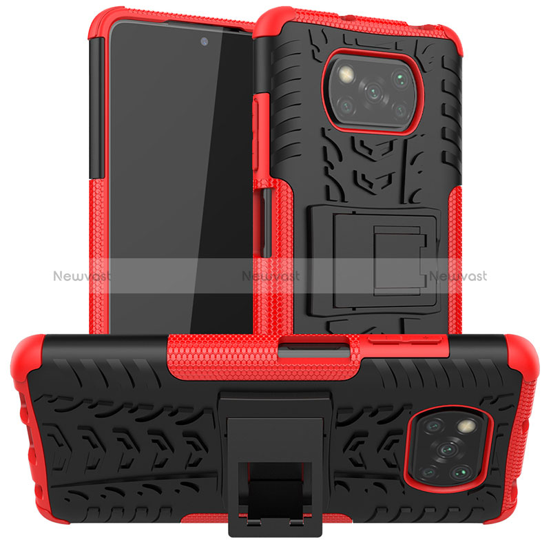Silicone Matte Finish and Plastic Back Cover Case with Stand JX1 for Xiaomi Poco X3 Red