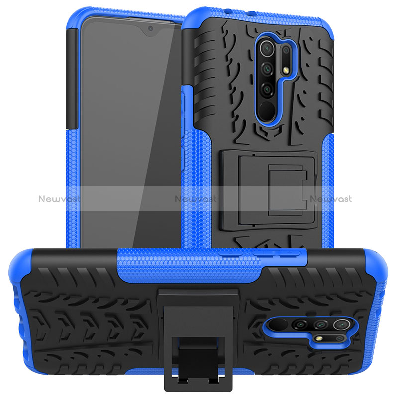 Silicone Matte Finish and Plastic Back Cover Case with Stand JX1 for Xiaomi Redmi 9 Prime India Blue