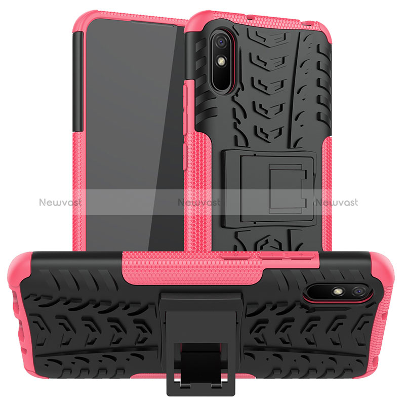 Silicone Matte Finish and Plastic Back Cover Case with Stand JX1 for Xiaomi Redmi 9AT Hot Pink