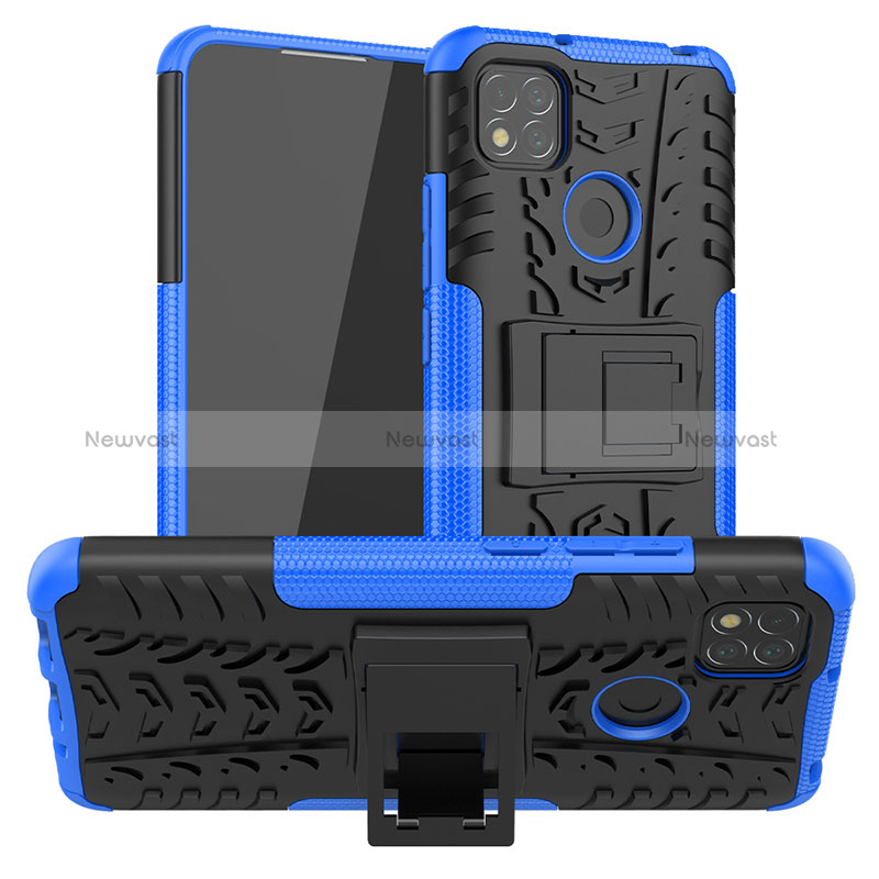 Silicone Matte Finish and Plastic Back Cover Case with Stand JX1 for Xiaomi Redmi 9C Blue