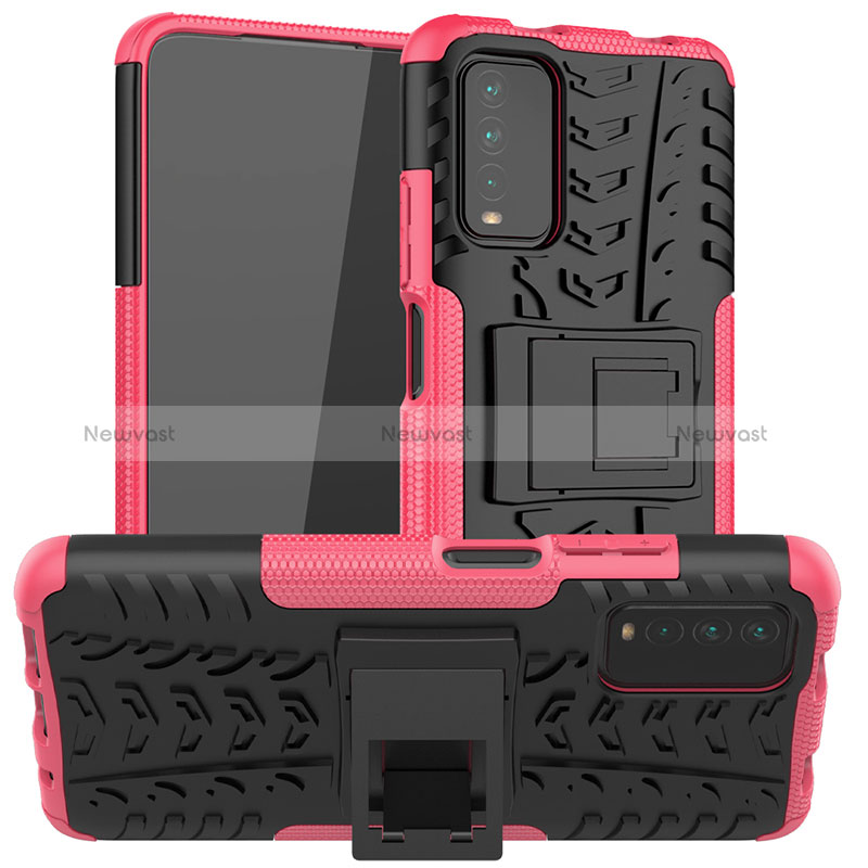 Silicone Matte Finish and Plastic Back Cover Case with Stand JX1 for Xiaomi Redmi 9T 4G Hot Pink