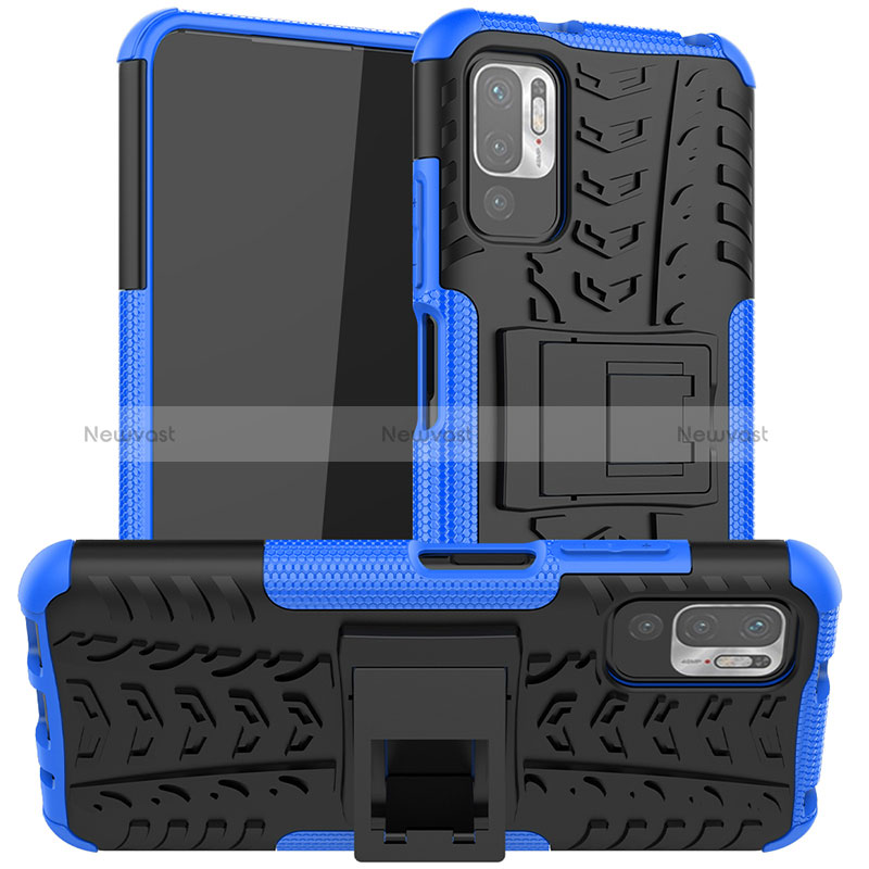 Silicone Matte Finish and Plastic Back Cover Case with Stand JX1 for Xiaomi Redmi Note 10 5G Blue