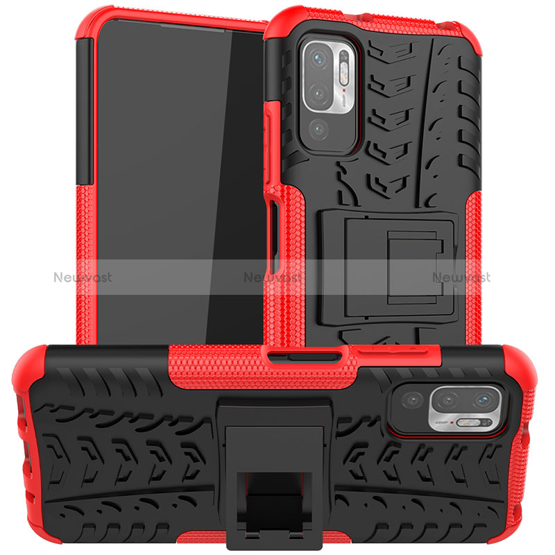 Silicone Matte Finish and Plastic Back Cover Case with Stand JX1 for Xiaomi Redmi Note 11 SE 5G Red