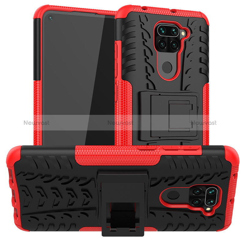Silicone Matte Finish and Plastic Back Cover Case with Stand JX1 for Xiaomi Redmi Note 9 Red