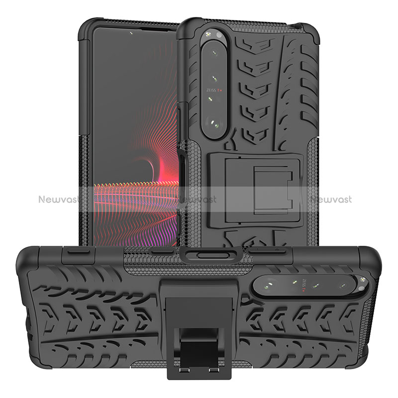 Silicone Matte Finish and Plastic Back Cover Case with Stand JX2 for Sony Xperia 1 III Black