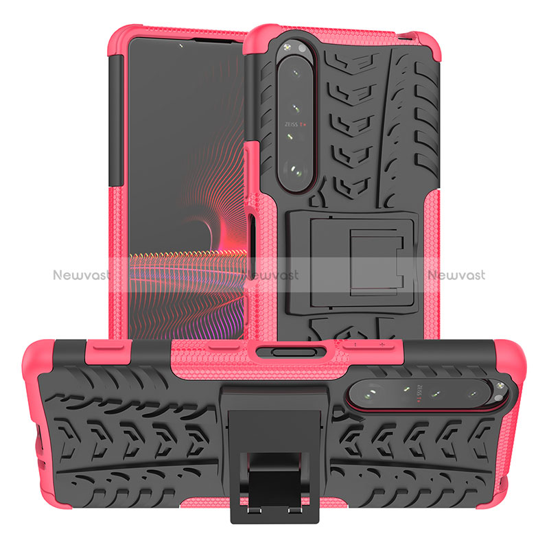 Silicone Matte Finish and Plastic Back Cover Case with Stand JX2 for Sony Xperia 1 III Hot Pink