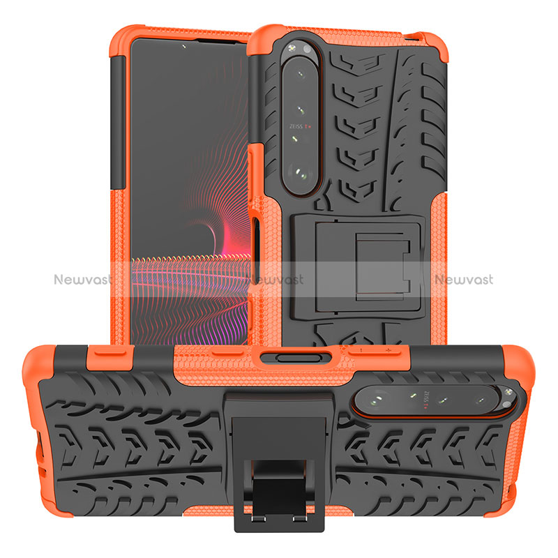 Silicone Matte Finish and Plastic Back Cover Case with Stand JX2 for Sony Xperia 1 III Orange