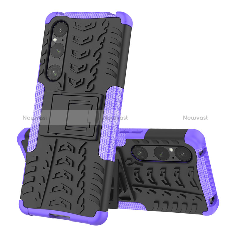 Silicone Matte Finish and Plastic Back Cover Case with Stand JX2 for Sony Xperia 1 V Purple