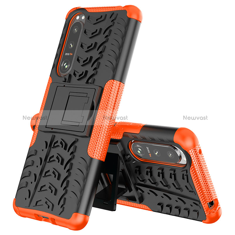 Silicone Matte Finish and Plastic Back Cover Case with Stand JX2 for Sony Xperia 5 III Orange