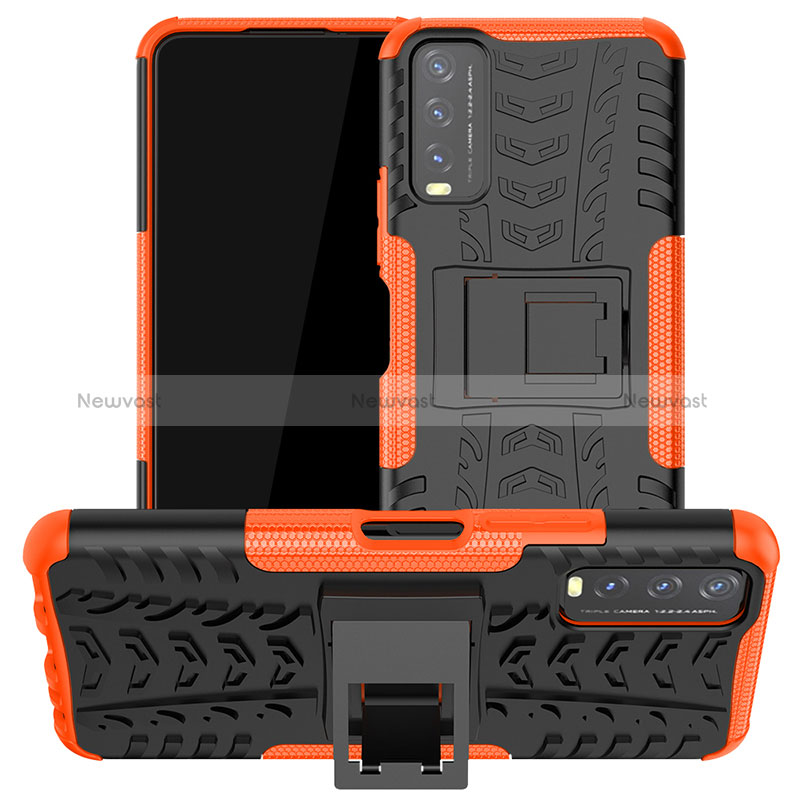 Silicone Matte Finish and Plastic Back Cover Case with Stand JX2 for Vivo Y11s Orange