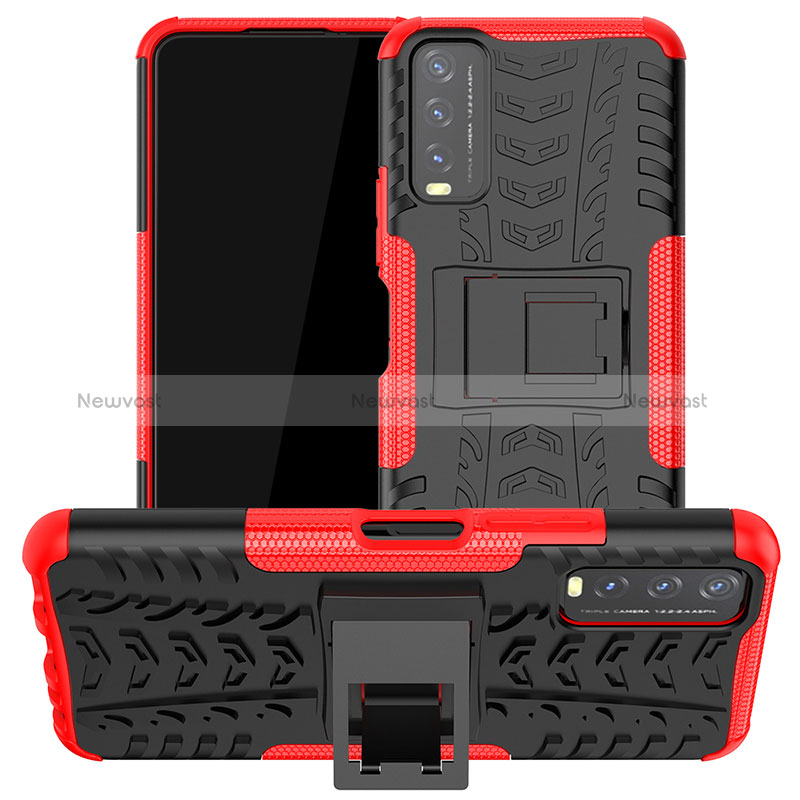 Silicone Matte Finish and Plastic Back Cover Case with Stand JX2 for Vivo Y11s Red