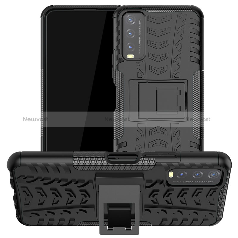 Silicone Matte Finish and Plastic Back Cover Case with Stand JX2 for Vivo Y12s Black