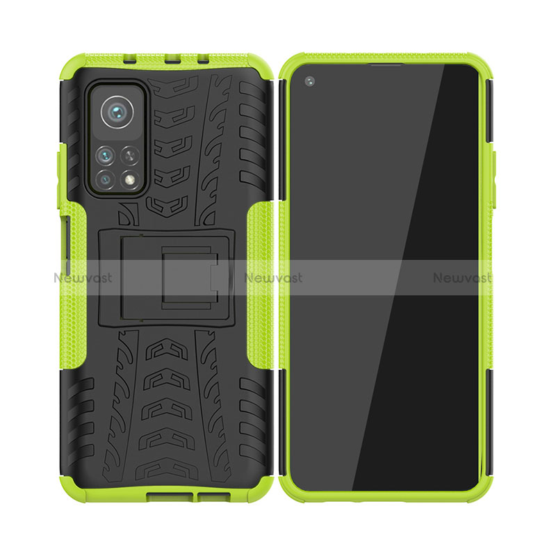 Silicone Matte Finish and Plastic Back Cover Case with Stand JX2 for Xiaomi Mi 10T 5G Green