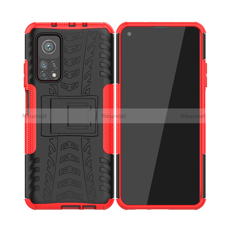 Silicone Matte Finish and Plastic Back Cover Case with Stand JX2 for Xiaomi Mi 10T 5G Red