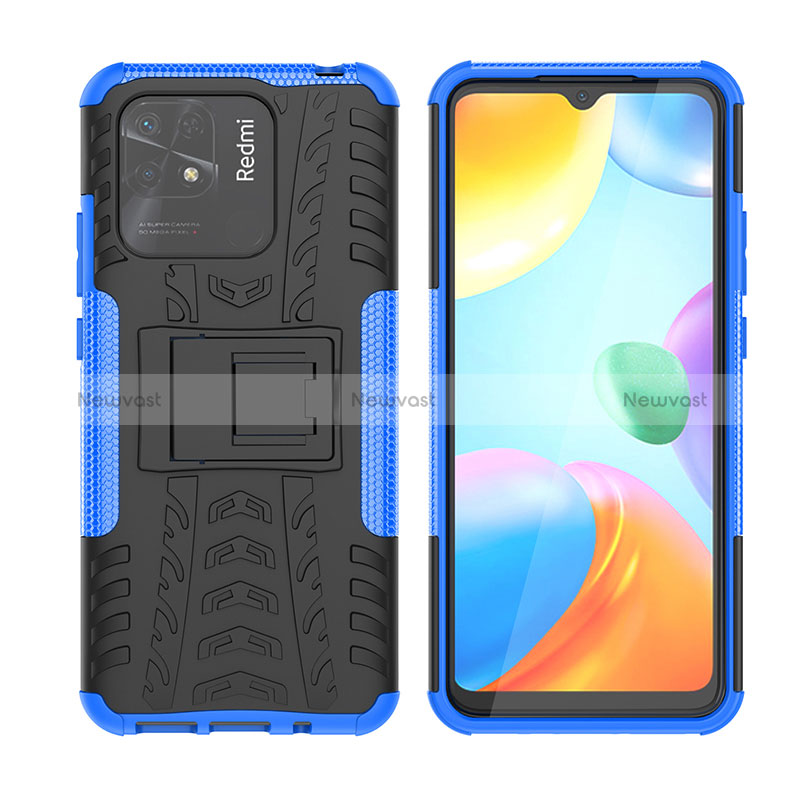 Silicone Matte Finish and Plastic Back Cover Case with Stand JX2 for Xiaomi Redmi 10C 4G Blue