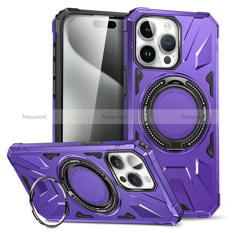 Silicone Matte Finish and Plastic Back Cover Case with Stand K02C for Apple iPhone 14 Pro Purple