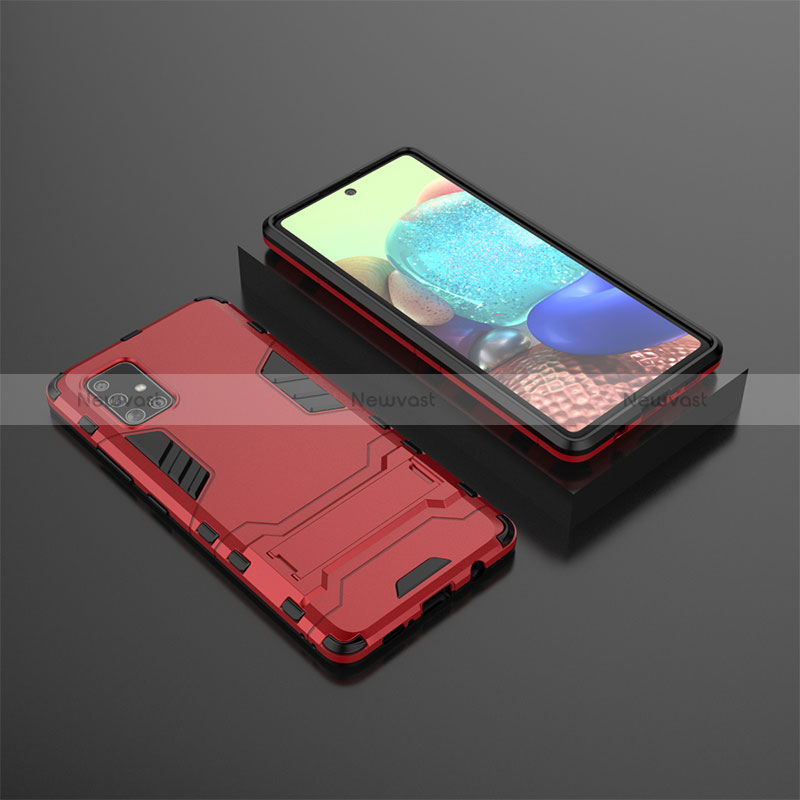 Silicone Matte Finish and Plastic Back Cover Case with Stand KC1 for Samsung Galaxy A71 5G Red