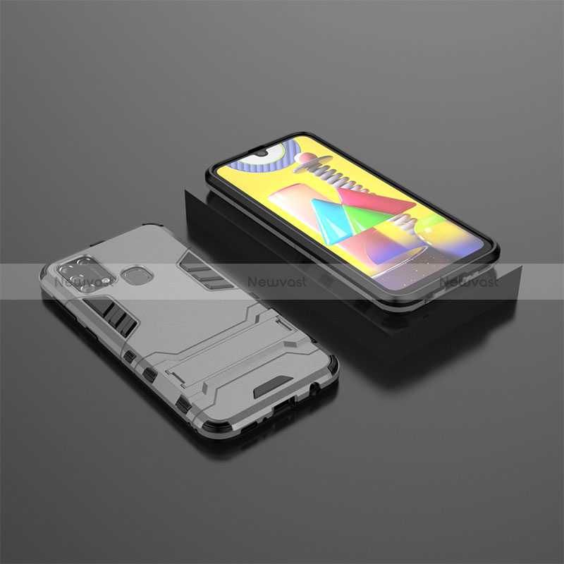 Silicone Matte Finish and Plastic Back Cover Case with Stand KC1 for Samsung Galaxy M21s Gray