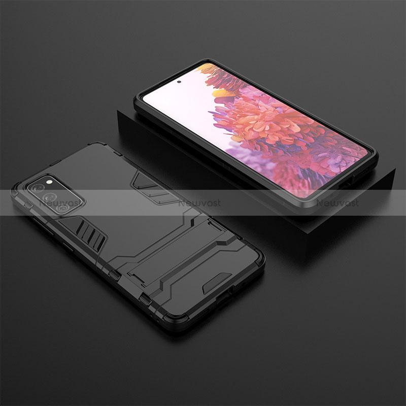 Silicone Matte Finish and Plastic Back Cover Case with Stand KC1 for Samsung Galaxy S20 FE 5G Black