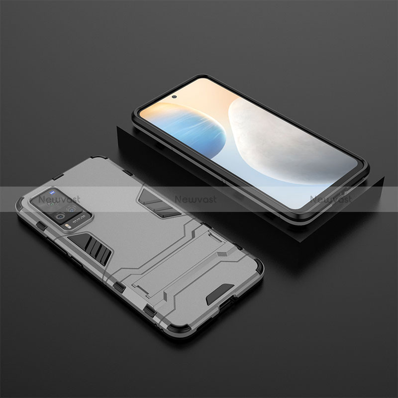Silicone Matte Finish and Plastic Back Cover Case with Stand KC1 for Vivo X60 Pro 5G Gray