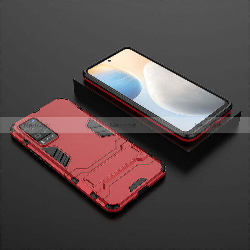 Silicone Matte Finish and Plastic Back Cover Case with Stand KC1 for Vivo X60 Pro 5G Red