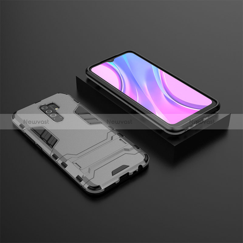 Silicone Matte Finish and Plastic Back Cover Case with Stand KC1 for Xiaomi Redmi 9 Gray