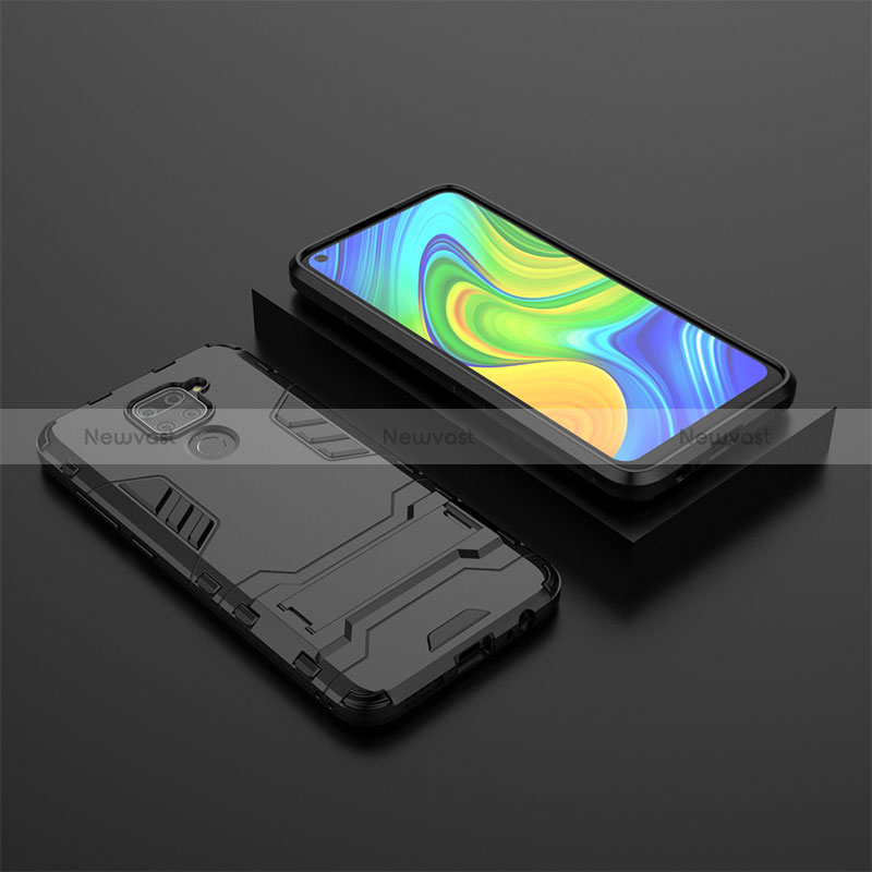Silicone Matte Finish and Plastic Back Cover Case with Stand KC1 for Xiaomi Redmi Note 9 Black