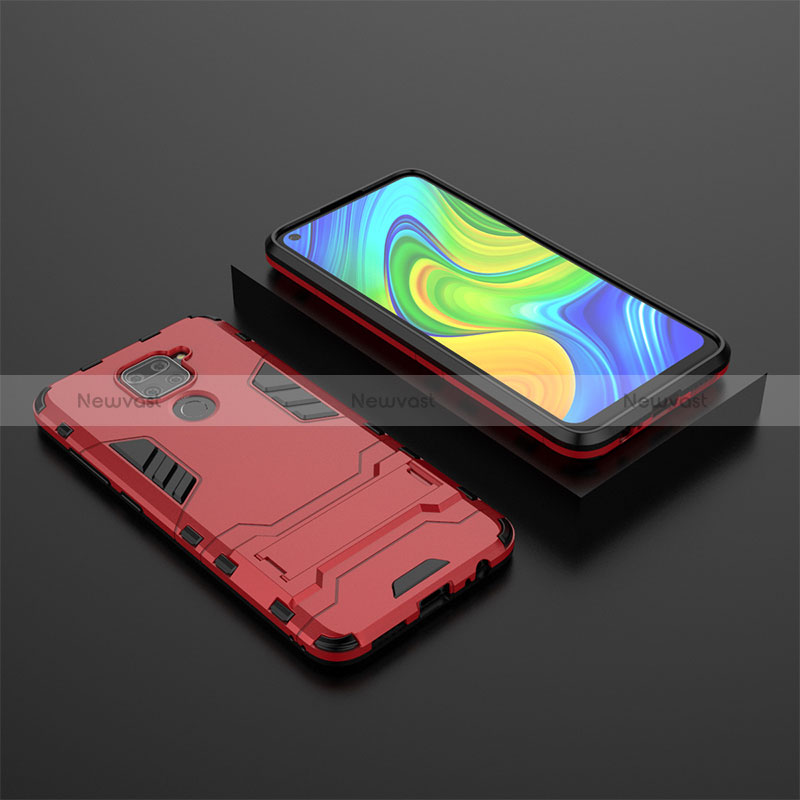 Silicone Matte Finish and Plastic Back Cover Case with Stand KC1 for Xiaomi Redmi Note 9 Red