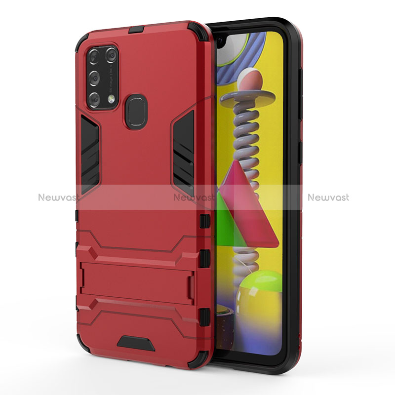 Silicone Matte Finish and Plastic Back Cover Case with Stand KC2 for Samsung Galaxy M21s Red